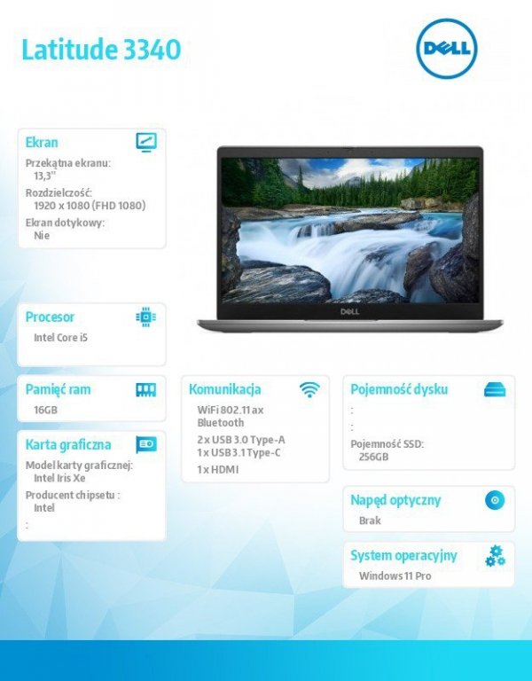 Dell Notebook Latitude 3340 Win11Pro i5-1345U/16GB/256GB SSD/13.3 FHD/Intel Iris Xe/FgrPr/FHD Cam/Mic/WLAN + BT/Backlit Kb/3 Cel