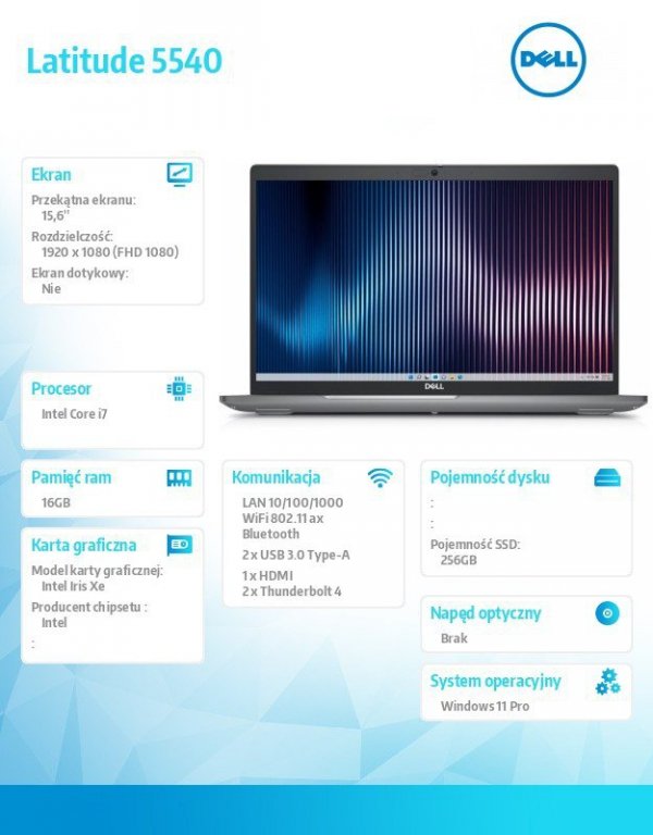 Dell Notebook Latitude 5540 Win11Pro i7-1365U/16GB/256GB SSD/15.6 FHD/Integrated/FgrPr & SmtCd/FHD/IR Cam/Mic/WLAN + BT/Backlit 