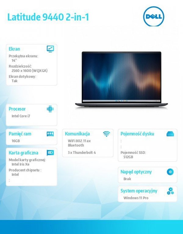 Dell Notebook Latitude 9440 2in1 Win11Pro i7-1365U/16GB/512GB SSD/2in1 14.0 QHD+ Touch/Intel Iris Xe/FgrPr/IR Cam/Mic/WLAN + BT/