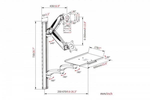 Digitus Ramię naścienne pojedyncze 1xLCD + klawiatura, max. 32&quot; i 8kg uchylno-obrotowe 360° (PIVOT)