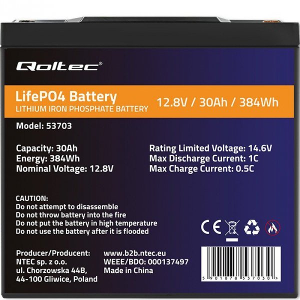 Qoltec Akumulator LiFePO4 Litowo-Żelazowo-Fosforanowy | 12.8V | 30Ah |  384Wh | BMS