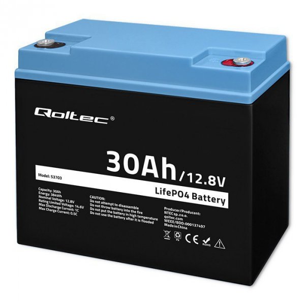 Qoltec Akumulator LiFePO4 Litowo-Żelazowo-Fosforanowy | 12.8V | 30Ah |  384Wh | BMS
