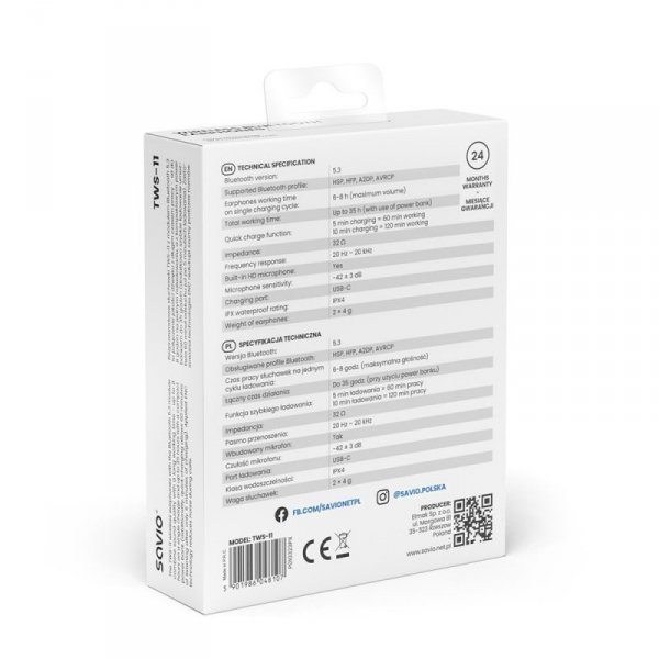 Savio Słuchawki bezprzewodowe Bluetooth 5.3 z mikrofonem, ENC, QC, TWS-11