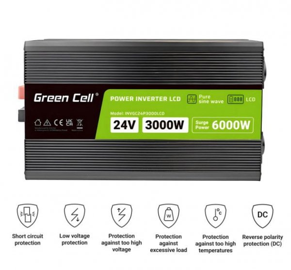 Green Cell Przetwornica LCD 24V 3000W/6000W Czysty sinus z wywietlaczem