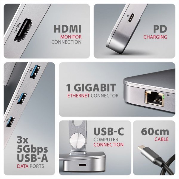 AXAGON HMC-STND Stojak z wieloportowy hub Aluminiowy 7in1, 5Gbps, do 10&quot;-16&quot; cali laptopów, nastawny, 3x USB-A, HDMI 4