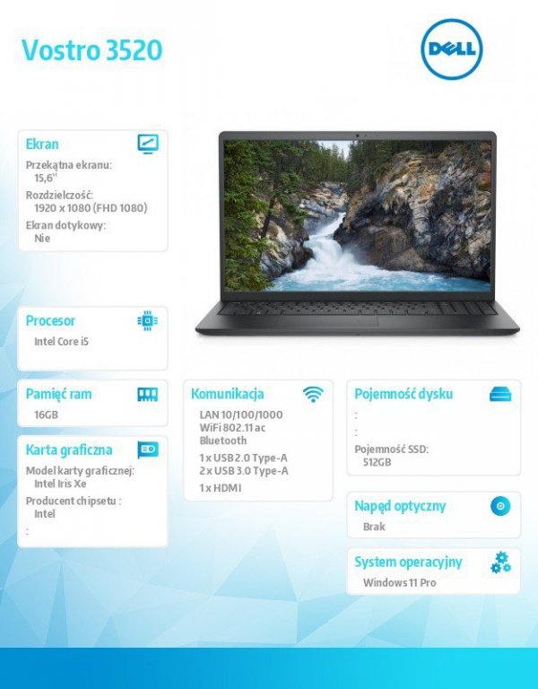 Dell Notebook Vostro 15 (3520) Win11Pro i5-1235U/16GB/512GB SSD/15.6 FHD/Intel Iris Xe/FgrPr/Cam&Mic/WLAN+BT/Backlit Kb/3 Cell/3