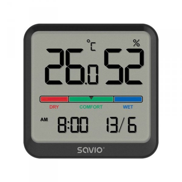 Savio Czujnik temperatury i wilgotności, do użytku wewnętrznego, ekran LCD, zegar, data, uchwyt z magnesem, CT-01/B Czarny