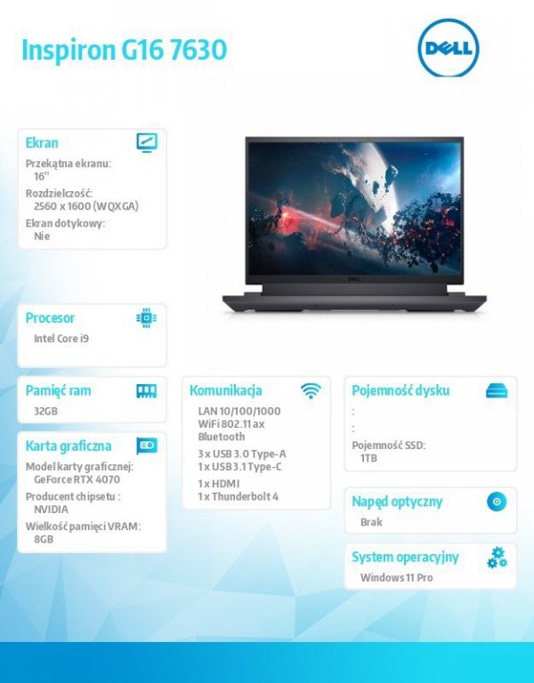 Dell Notebook Inspiron G16 7630/Core i9-13900HX/32GB/1TB SSD/16.0 QHD+/GeForce RTX 4070/Cam & Mic/WLAN + BT/Backlit Kb/6 Cell/W1