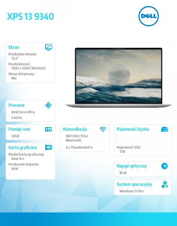 Dell Notebook XPS 13 9340/Ultra 7 155H/32GB/1TB SSD/13.4 FHD AntiGlare/Arc/WLAN + BT/Backlit Kb/3 Cell/W11Pro