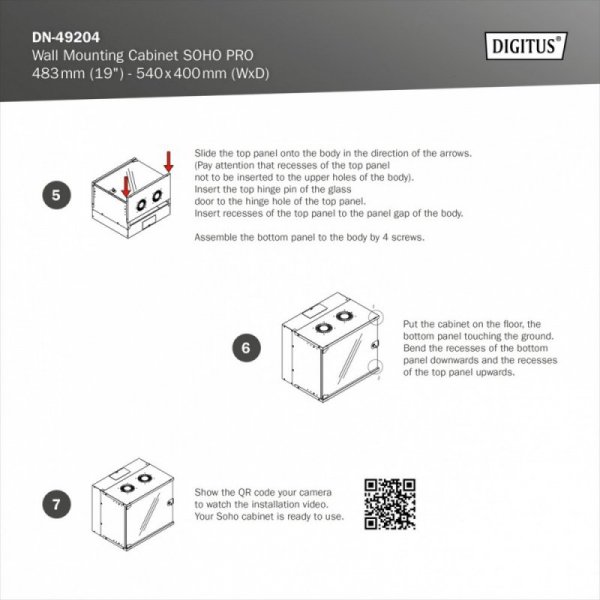 Digitus Szafa sieciowa wisząca 19" 9U, SOHO PRO 460 x 540 x 400 mm, nośność 60kg, drzwi szyba, niezłożona, Szara