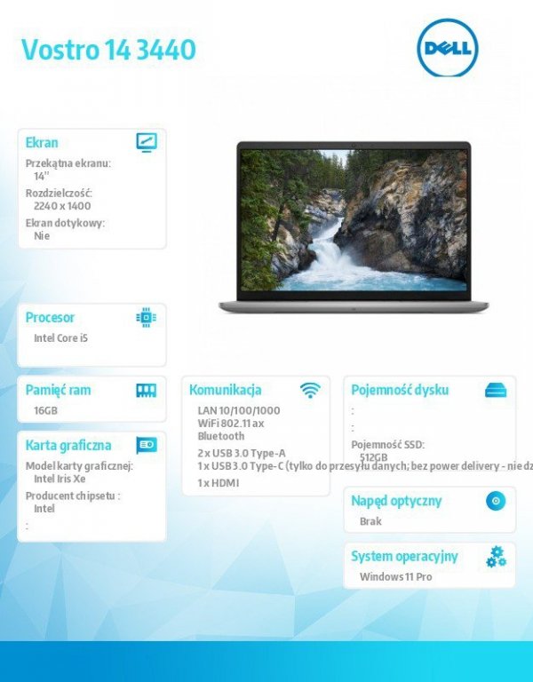 Dell Notebook Vostro 14 (3440) Win11Pro i5-1335U/16GB/512GB SSD/14 2.2K/Intel Iris Xe/FgrPr/Cam & Mic/WLAN + BT/Backlit Kb/3 Cel