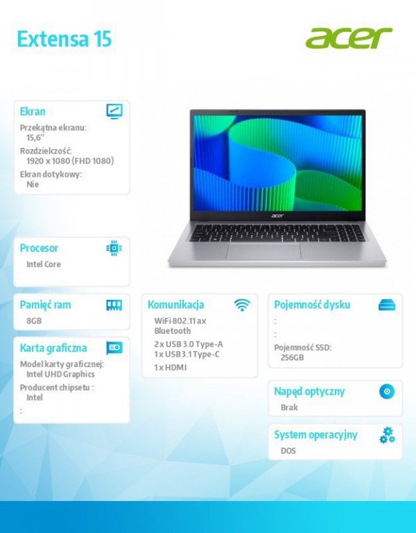 Acer Notebook Extensa 15 EX215-34-C6VP    ESHELL/N100/8GB/256SSD/UHD/15.6