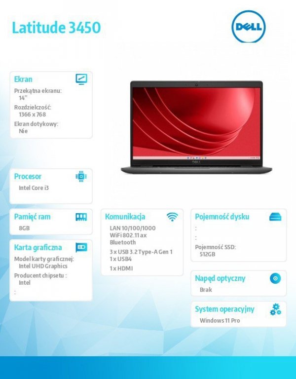 Dell Notebook Latitude 3450 Win11Pro i3-1315U/8GB/512GB SSD Gen4/14.0 HD/Integrated/FgrPr/Cam & Mic/WLAN + BT/Backlit Kb/3 Cell/