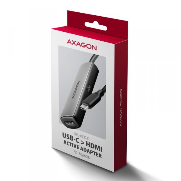 AXAGON RVC-HI8KPD Adapter aktywny USB-C -&gt; HDMI 8K/60Hz, Aluminum, PD100W, 16cm kabel