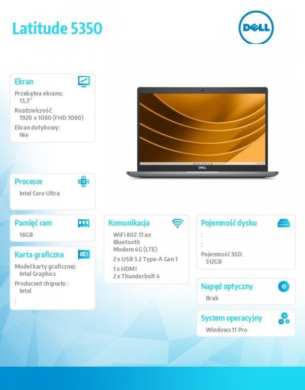 Dell Notebook Latitude 5350/Ultra 7 165U/16GB/512GB SSD Gen4/13.3 FHD/Integrated/FgrPr & SmtCd/FHD/IR Cam/Mic/LTE 4G + BT/Backli