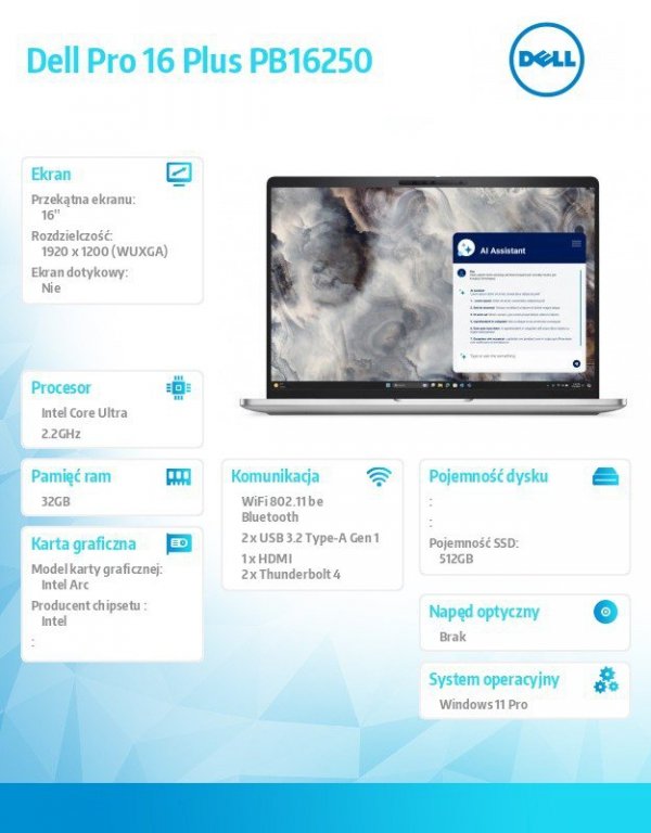 Dell Laptop Dell Pro 16 Plus PB16250 W11P Ultra 7 268V/32GB/512GBSSD CL35/16.0 FHD+/Arc/FgrPr&SmtCd/FHD/IRCam/Mic/WLAN only+BT/B