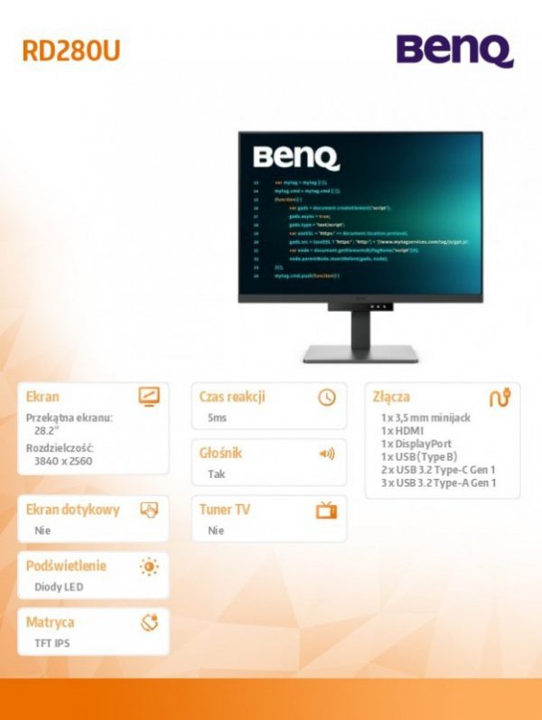Benq Monitor 28 cali RD280U 4K IPS 5ms/IPS/1200:1/HDMI/DP