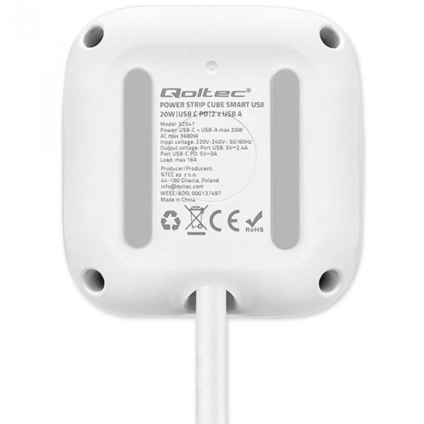 Qoltec Kostka zasilająca przedłużacz 6w1 z podświetlanym włącznikiem |  3x AC | 2x USB | 1x USB-C PD 20W | biała | kabel 2m