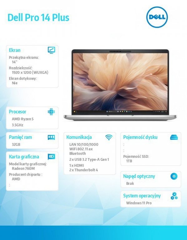 Dell Laptop Dell Pro 14 Plus PB14255/AMD Ryzen 5 PRO 230/32GB/1TB SSD Gen4 CL25/14.0 FHD+/Radeon 760M/FgrPr&SmtCd/FHD/IR Cam/Mic