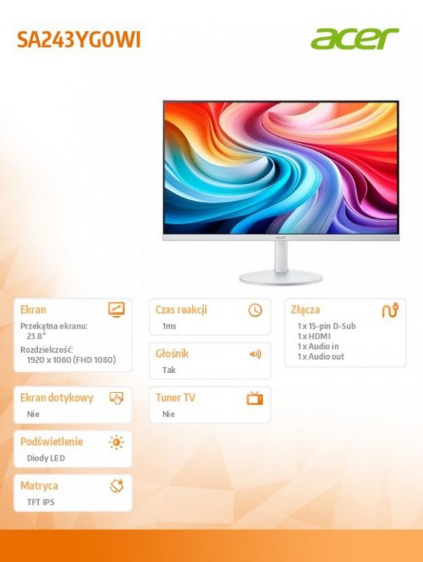 Acer Monitor 24 cale SA243YG0WI IPS FHD 120Hz HDMI BIAŁY