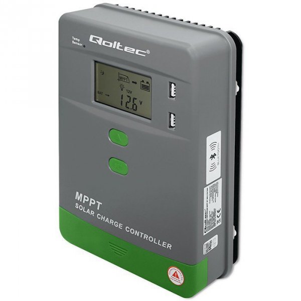 Qoltec Solarny regulator ładowania MPPT z czujnikiem temperatury 30A |  12V/24V | LCD | 2xUSB | Bluetooth | APP | GEL | LiFePO4