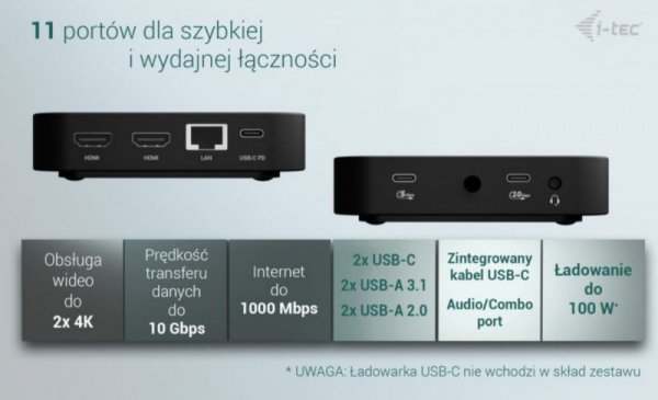 i-tec Stacja dokująca USB-C 2x HDMI Dock PD + Ładowarka 100W
