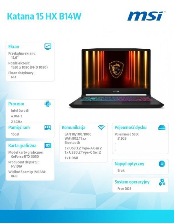MSI Notebook Katana 15 B14WFK-494XPL nOS/i5-14450HX/16GB/512GB/RTX5060/15.6 cala