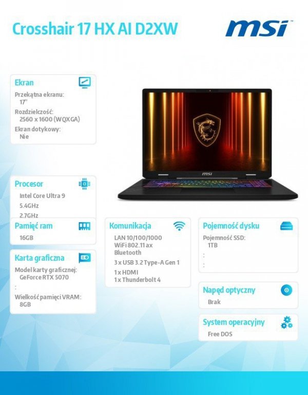 MSI Notebook Crosshair 17 HX AI D2XWGKG-006XPL nOS/ICU9 275HX/16GB/1TB/RTX5070/17 cali