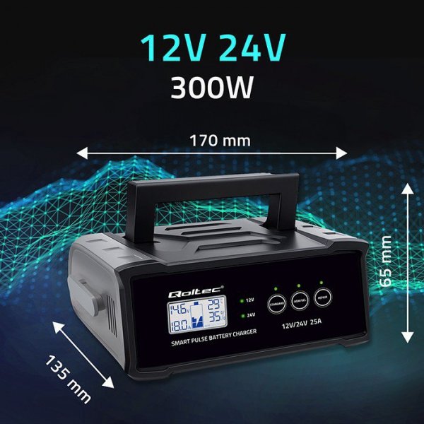 Qoltec Mikroprocesorowa ładowarka 12V 24V 25A | Prostownik z funkcją naprawy do akumulatora AGM GEL SLA | LCD