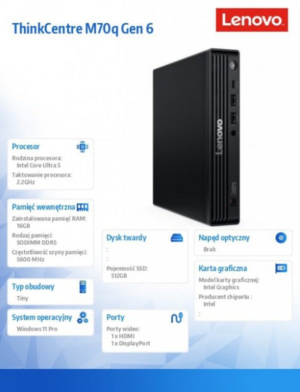 Lenovo Komputer ThinkCentre M70q Tiny G6 13A40017PB W11Pro U5 235T/16GB/512GB/INT/3YRS OS