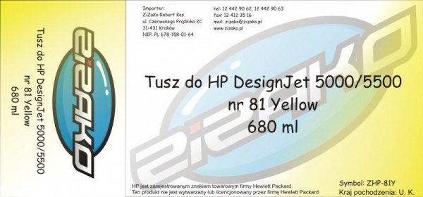 Tusz zamiennik Yvesso nr 81 do HP Designjet 5000/5500 680 ml Yellow C4933A - WYPRZEDAŻ!