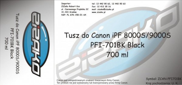 Tusz zamiennik Yvesso PFI-701BK Black 700ml do Canon iPF8000S iPF9000S CF0900B001AA
