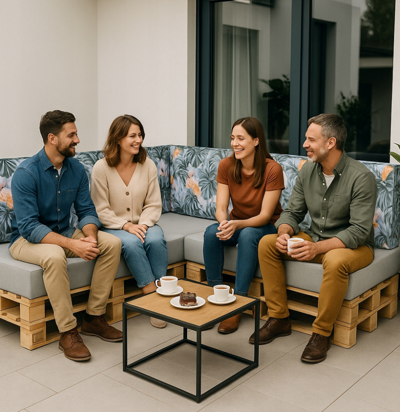 Zestaw poduch ogrodowych z oparciem Palety Narożnik -3 szt. 120x80 + 40x120 jasny beż+ kwiaty