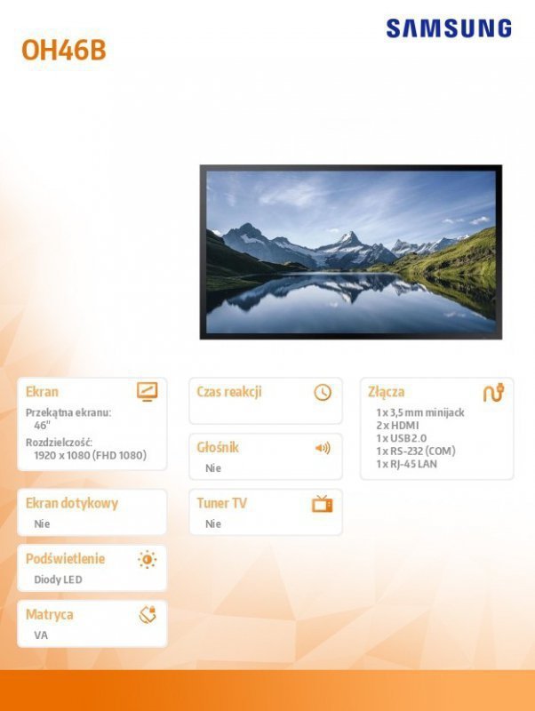 Samsung Monitor profesjonalny  OM46B 46 cali Błyszczący 24h^7 4000(cd^m2) 1920 x 1080(FHD) Tizen 5.0  3 lata On-Site (LH46OMBEBG