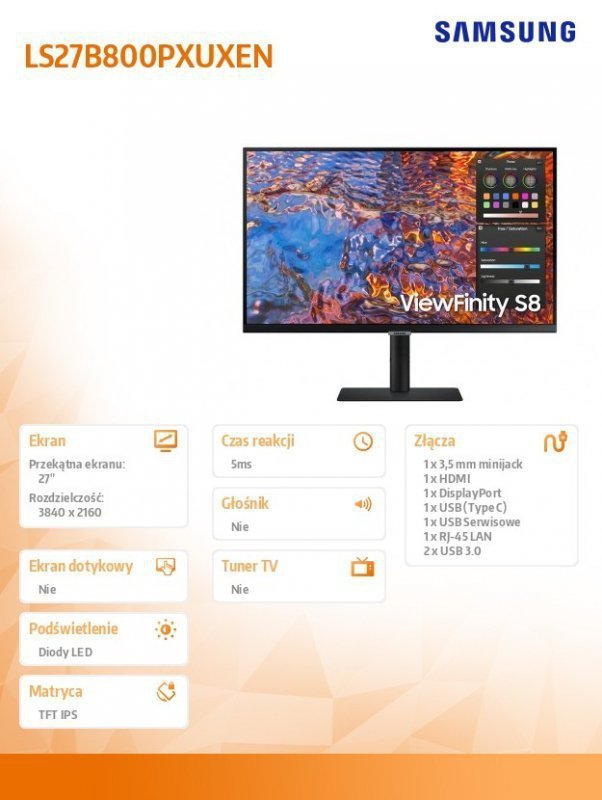 Samsung Monitor 27 cali ViewFinity S80PX IPS 3840x2160 UHD 16:9 1xHDMI 1xDP 1xUSB-C (90W) 3xUSB 3.0 LAN 5ms PinP^PbyP 60Hz HAS+P