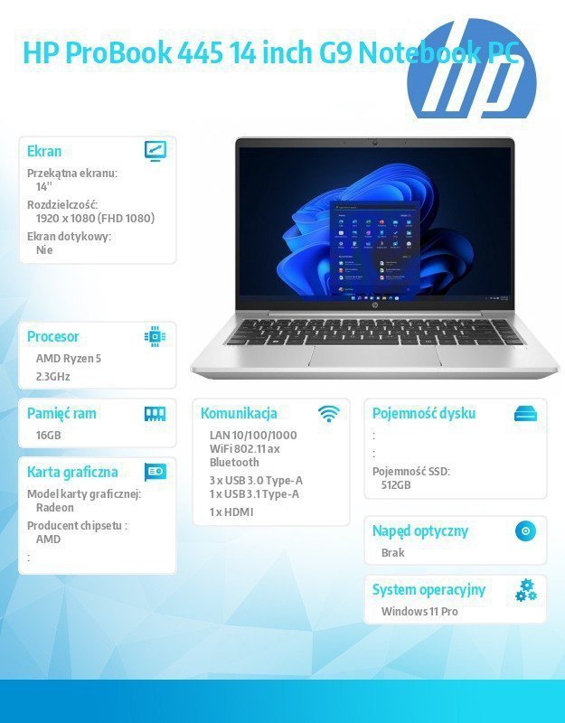 HP Inc. Notebook ProBook 445 G9 R5-5625U 512GB^16GB^W11P^14.0   6A160EA