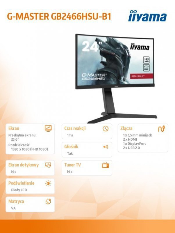 IIYAMA Monitor GB2466HSU-B1 24cale VA, 165HZ, 1500R, 1ms, USBx2, HDMIx2, DP