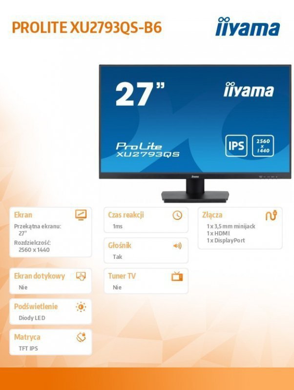 IIYAMA Monitor 27 cali XU2793QS-B6 IPS,QHD,100Hz,HDMI,DP