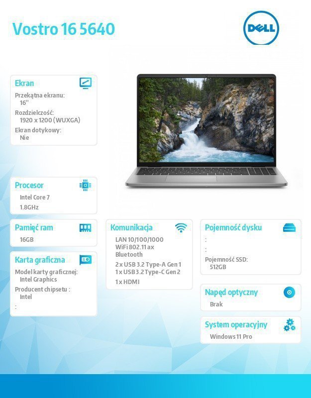 Dell Laptop Vostro 16 (5640) Win11Pro 7-150U^16GB^512GB SSD^16.0 FHD+^Intel Graphics^FgrPr^WLAN+BT^Backlit Kb^4 Cell^3YPS