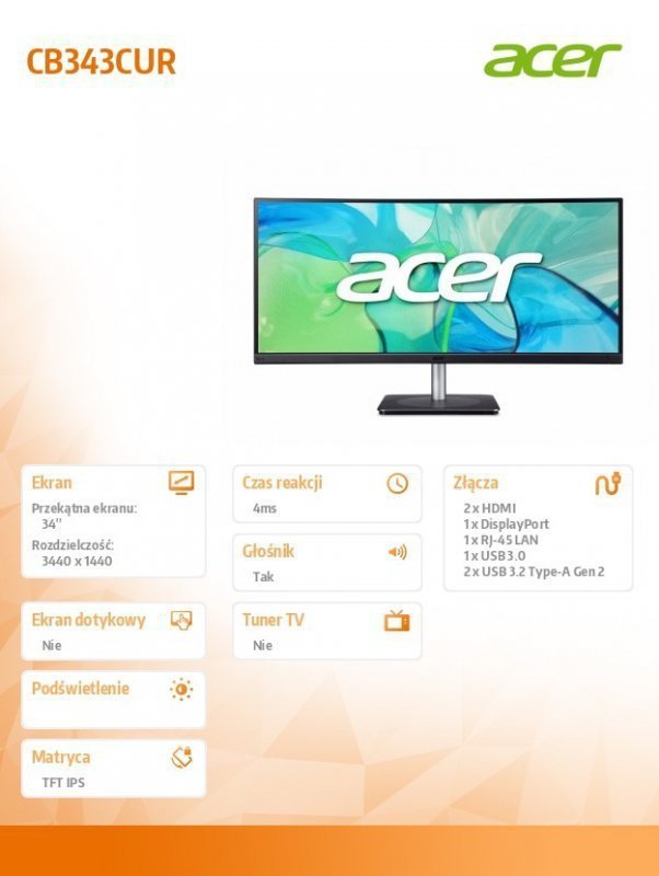 Acer Monitor 34 cale CB343CURBEMIIP HUZX WQHD^IPS^21:9