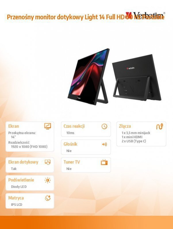Verbatim Przenośny monitor dotykowy Light 14 Full HD 60 Hz Portable