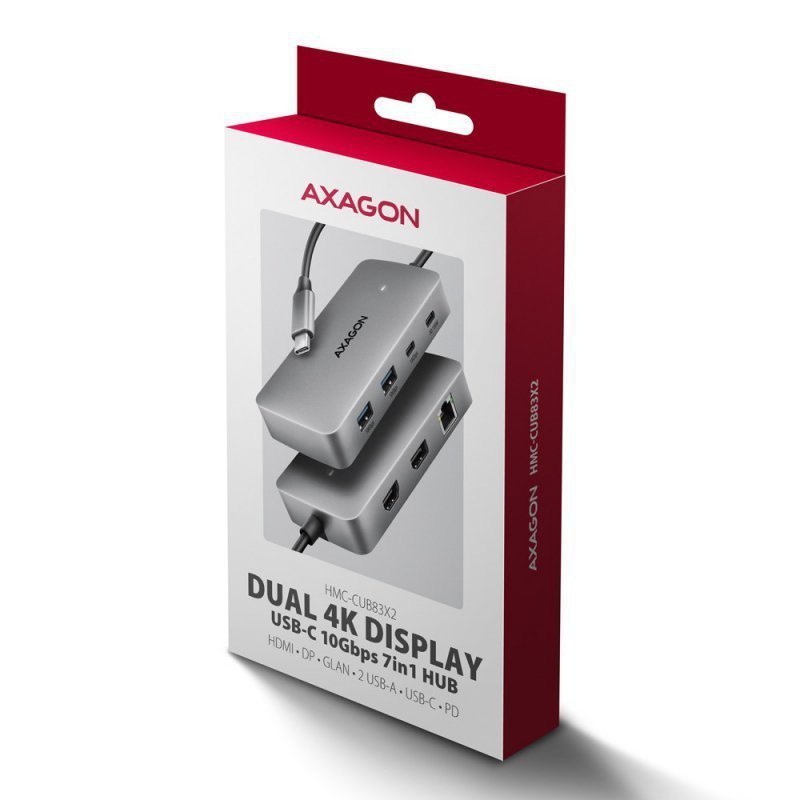 AXAGON HMC-CUB83X2 Wieloportovy hub USB 7in1, 10Gbps, 2x USB-A, 1x USB-C, 1x HDMI 4K^144Hz, DP 8K^30Hz, GLAN, PD 100W, 15cm USB-