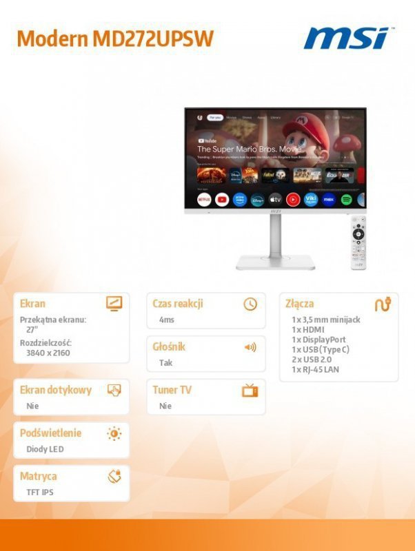 MSI Monitor 27 cali Modern MD272UPSW LED^UHD^Flat^60Hz^biały