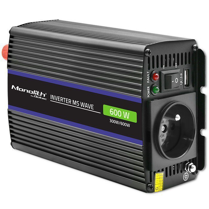 Qoltec Przetwornica napięcia Monolith 600 MS Wave | 12V na 230V |       300^600W | USB