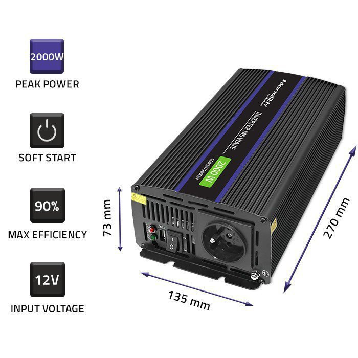 Qoltec Przetwornica napięcia Monolith 2000 MS Wave | 12V na 230V |      1000^2000W | USB