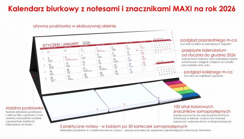 Kalendarz biurkowy z notesami i znacznikami samoprzylepnymi MAXI 2026 czarny