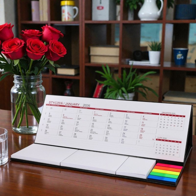 Kalendarz biurkowy z notesami i znacznikami samoprzylepnymi MAXI 2026 brązowy