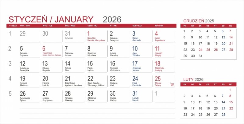 kalendarz miesięczny na rok 2026