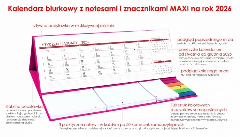 Kalendarz biurkowy z notesami i znacznikami samoprzylepnymi MAXI 2026 różowy