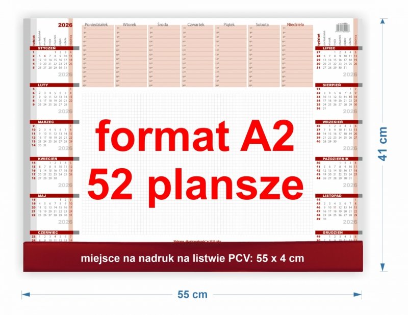 podkład na biurko w dużym formacie A2 na rok 2026 z listą PCV